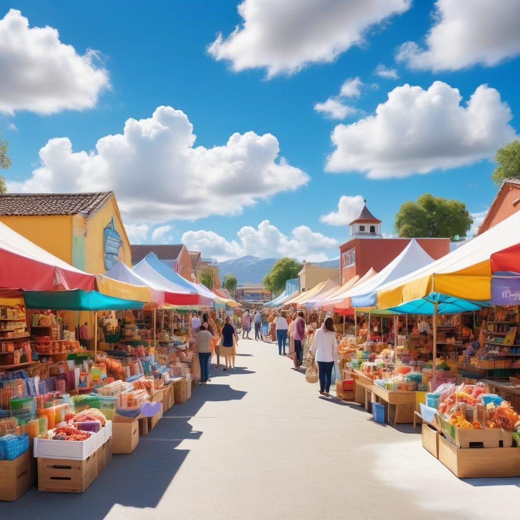 A lively marketplace bursting with colorful, wholesome merchandise, featuring happy families exploring diverse products like handmade crafts, organic snacks, and eco-friendly toys. Include a bright blue sky with fluffy white clouds to evoke energy and excitement. Vibrant colors to capture the joy of a community gathering. super-realistic. vibrant colors. white background.