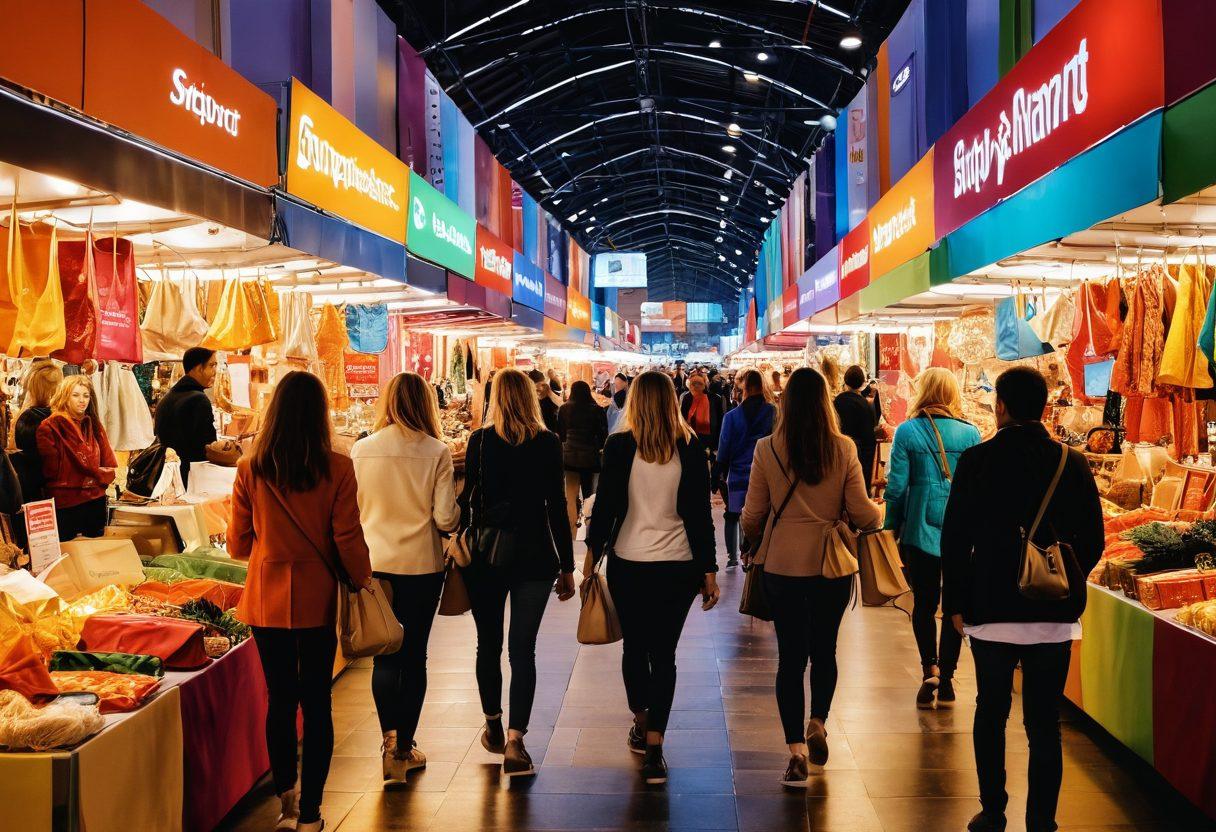 A lively shopping scene showcasing a diverse group of people exploring a vibrant marketplace filled with both premium and budget-friendly products. Include stylish displays of luxury items alongside colorful stalls featuring affordable treasures. The atmosphere is cheerful, with bright lights and eye-catching signage that reads 'Shop Smart'. Captivating facial expressions of happiness and discovery. vibrant colors. super-realistic. lively composition.