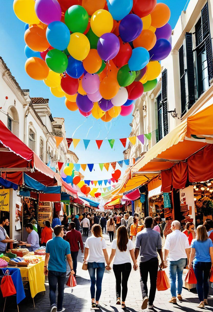 A vibrant marketplace filled with diverse shoppers smiling and engaging with colorful stalls showcasing excellent merchandise ranging from luxury items to budget-friendly finds. Add elements like balloons and banners that convey joy and excitement. The scene should capture a sunny day with bright colors and an inviting atmosphere, infused with a sense of discovery and happiness. super-realistic. vibrant colors. white background.